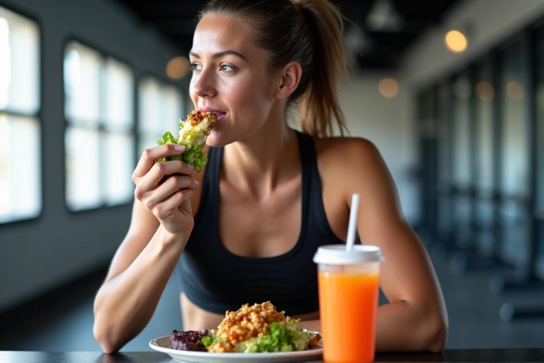 Egy sportoló edzés után egy tányér egészséges ételt fogyaszt, sportital és edzőfelszerelés mellett.